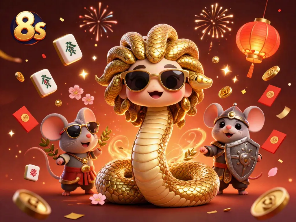 Engage with thrilling 8s gaming experiences amidst a vibrant casino-themed scene with Medusa and warrior mouse.