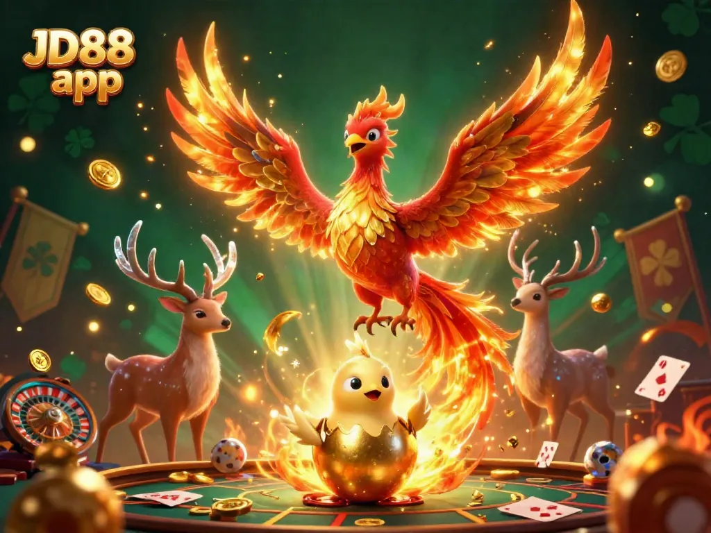 Experience excitement with JD88 app featuring a vibrant phoenix, betting tokens, and live casino elements.