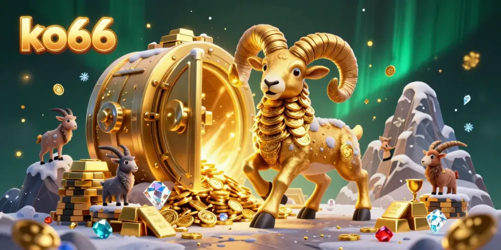 Experience the excitement of ko66 casino with vibrant 3D imagery of a golden ram and treasures.