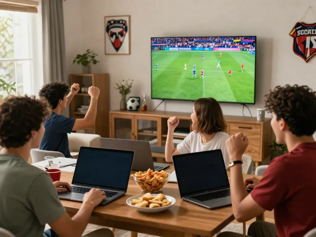 CakhiaTV fans joyfully watching live football matches in a cozy living room.