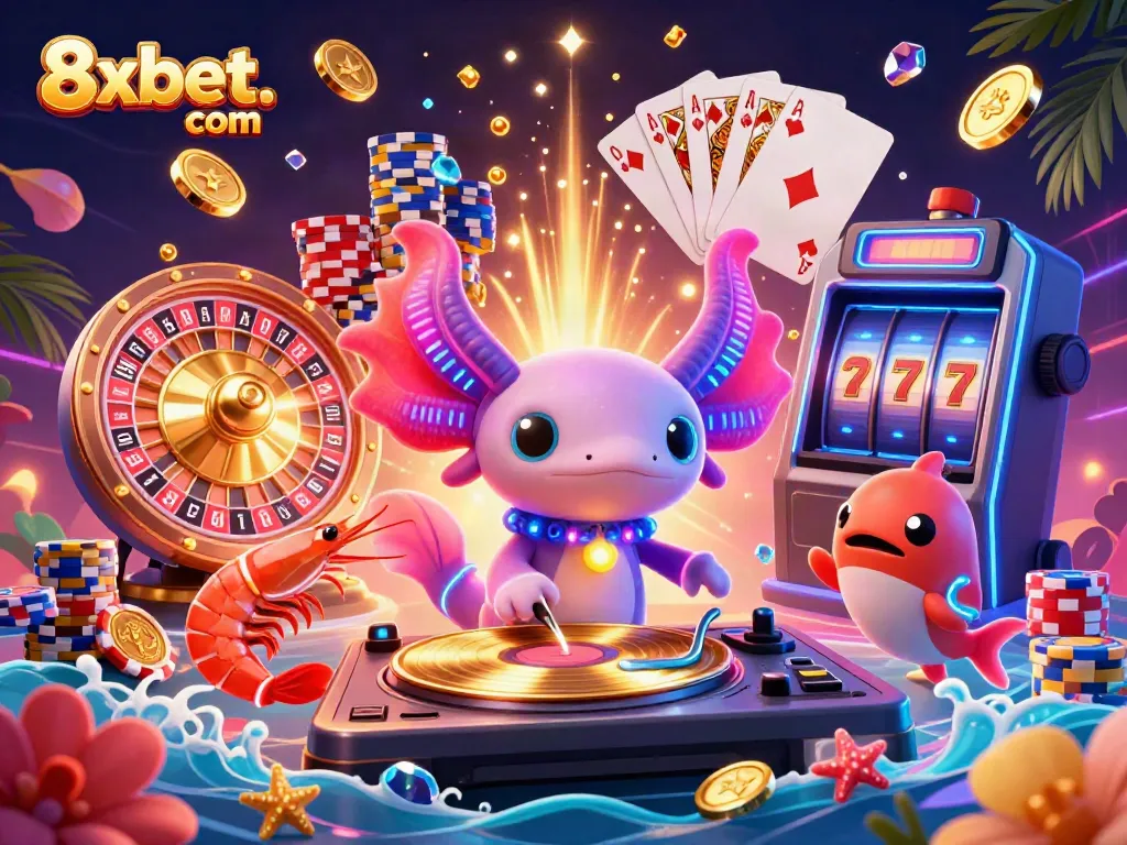 Experience the excitement at 8xbet. com with a lively underwater casino scene featuring vibrant characters and games.
