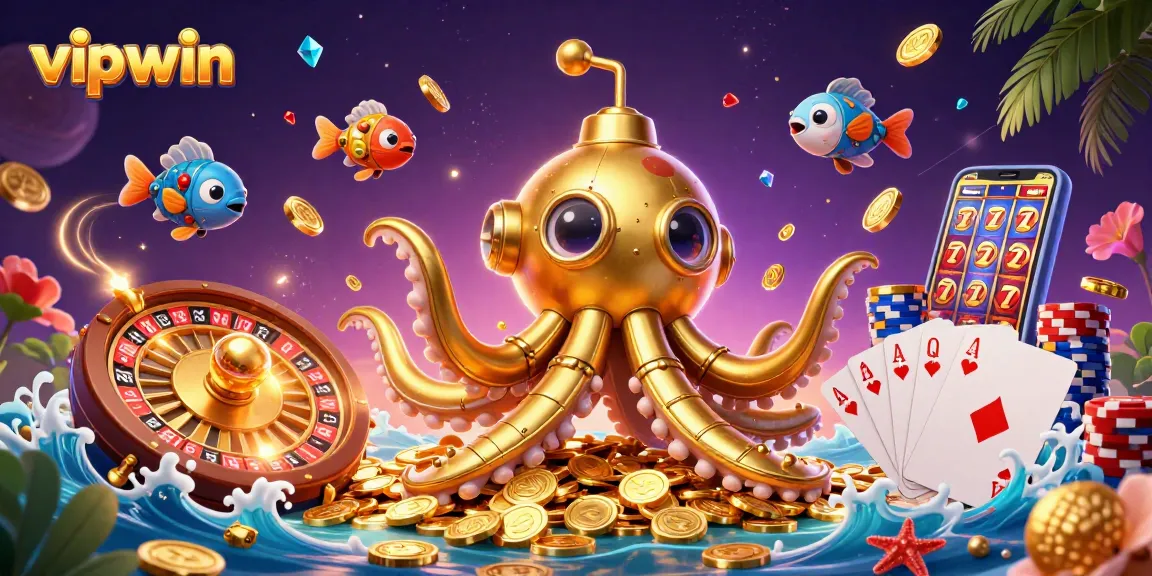 Experience vipwin's vibrant casino scene, with a golden kraken submarine amidst floating coins and glittering gems.