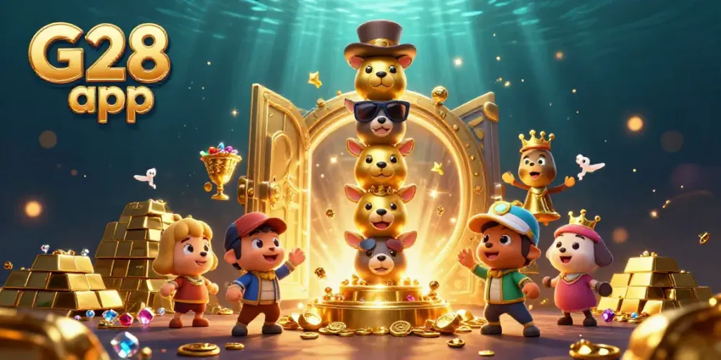 Experience excitement with G28 app as golden treasures burst forth in a lively, dynamic casino scene.