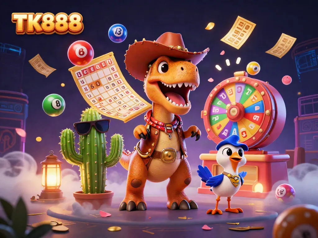 Engage in thrilling gaming excitement at TK888 with a colorful scene featuring a T-Rex and his companions.