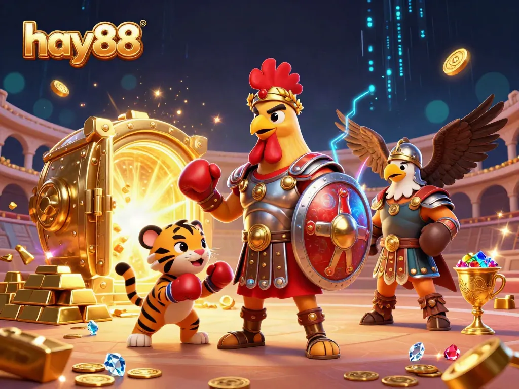 Experience excitement at hay88 with a gladiator rooster and treasures in a vibrant casino arena.
