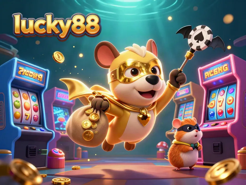 Win big at lucky88 with a vibrant 3D illustration featuring a superhero dog and game elements.