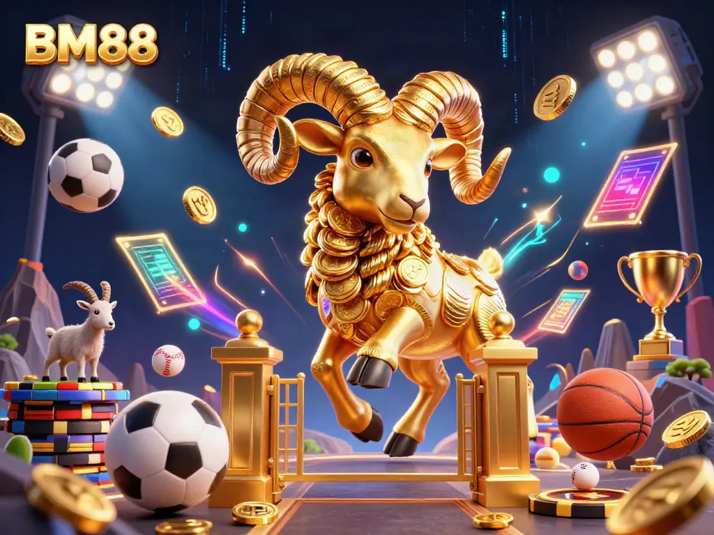 Experience thrilling gameplay at BM88, featuring an energetic scene with a golden ram charging through a dynamic casino environment.