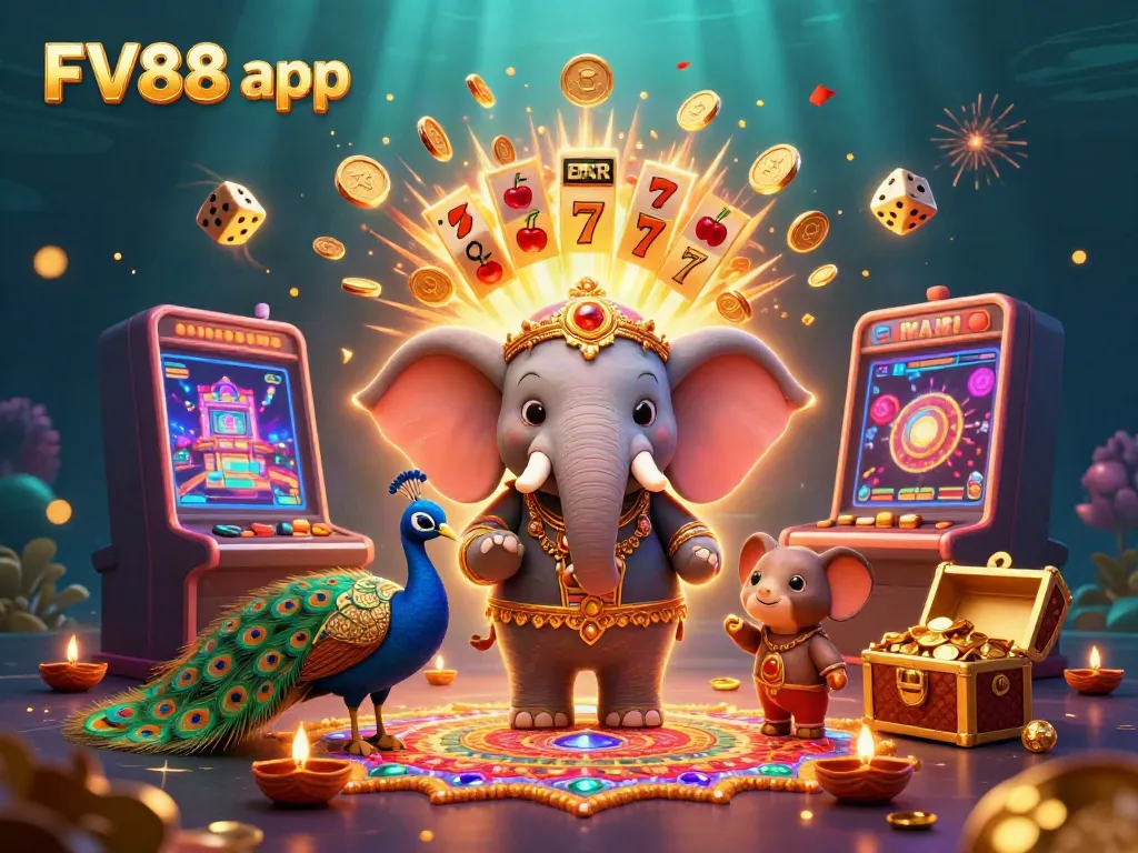 Experience fun and games with the FV88 app, featuring elephants and vibrant casino elements.