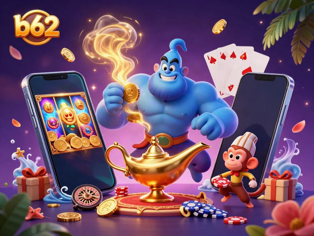 Engage with b62's thrilling casino world through this vibrant illustration featuring a magical genie and gaming elements.