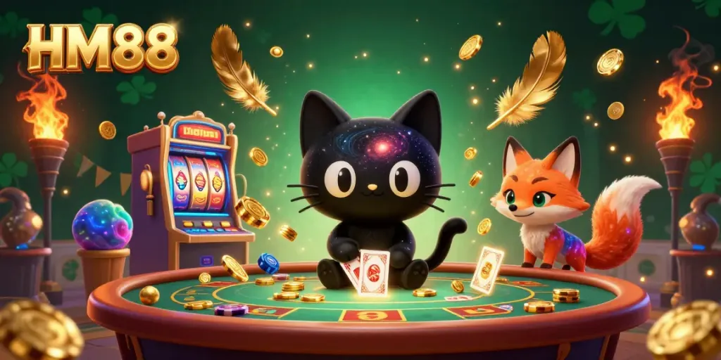 Experience the excitement of HM 88 with a dynamic cosmic casino scene featuring vibrant characters and winning elements.