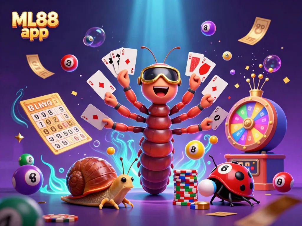 Experience the ML88 app with colorful games and thrilling characters in an engaging casino scene.