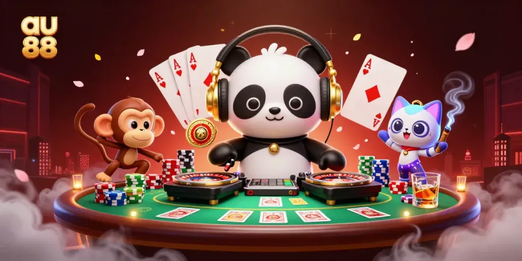 Engaging 3D scene of au 88 themed playful characters celebrating casino atmosphere with poker elements.