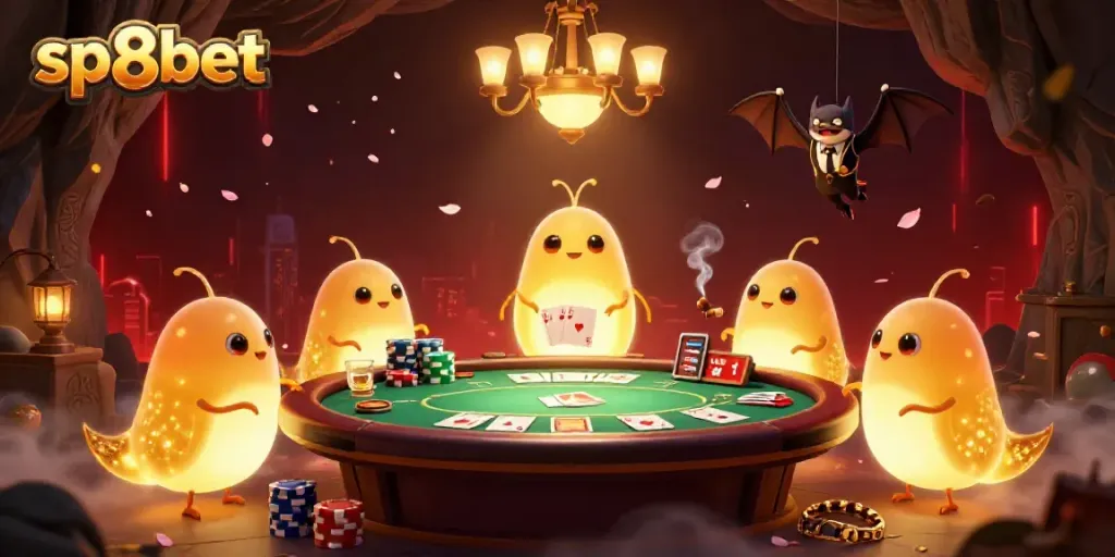 Light up your game with sp8bet in this vibrant, immersive casino scene featuring glowworms and poker elements.