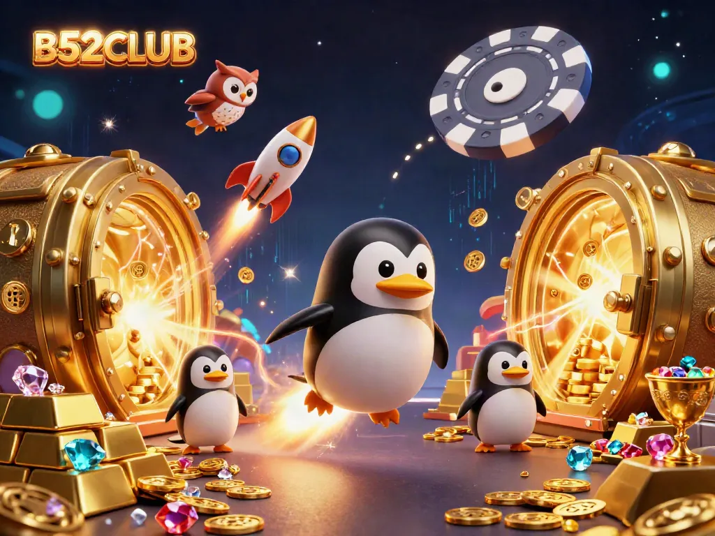 Experience thrilling gameplay with B52CLUB as the golden penguin flies towards casino riches in space.