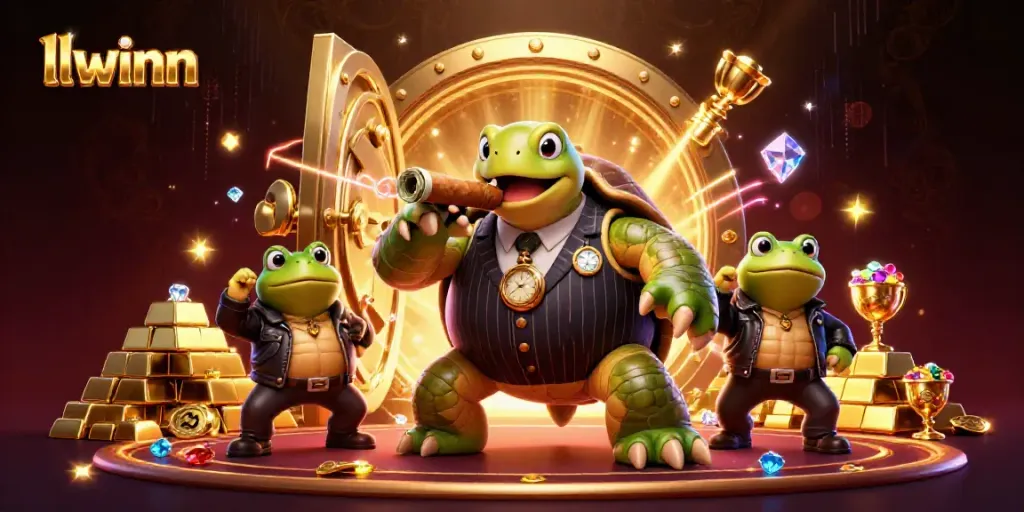 Engage with the captivating scenes of llwinn, featuring a mobster turtle and bullfrog enforcers amid casino treasures.