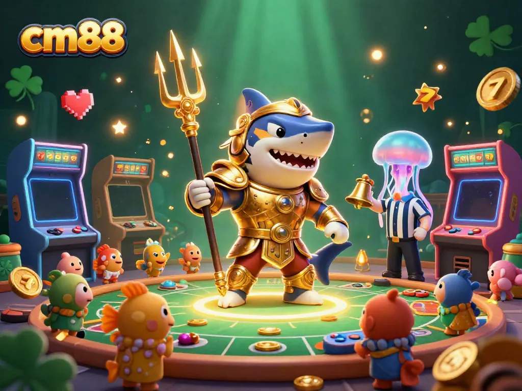 Experience thrilling gameplay with CM88, featuring an underwater casino scene with a trident-wielding tiger shark.