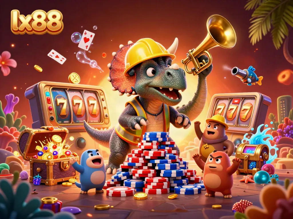 Celebrate winning strategies with lx88 casino gaming, featuring vibrant triceratops, poker chips, and golden treasures.