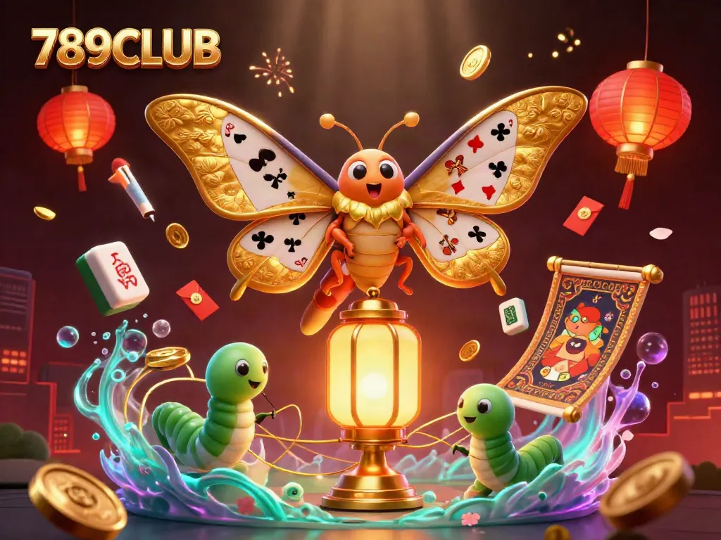 Engaging 789CLUB casino scene showing a golden atlas moth and silk worms among dynamic casino elements.