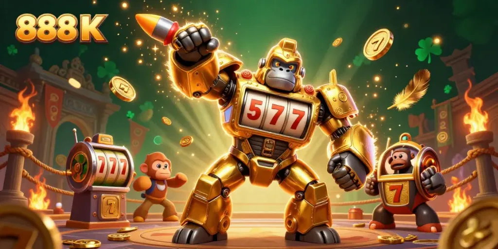 Experience thrilling action with 888 K's ultra-detailed casino scene featuring a golden gorilla mech.
