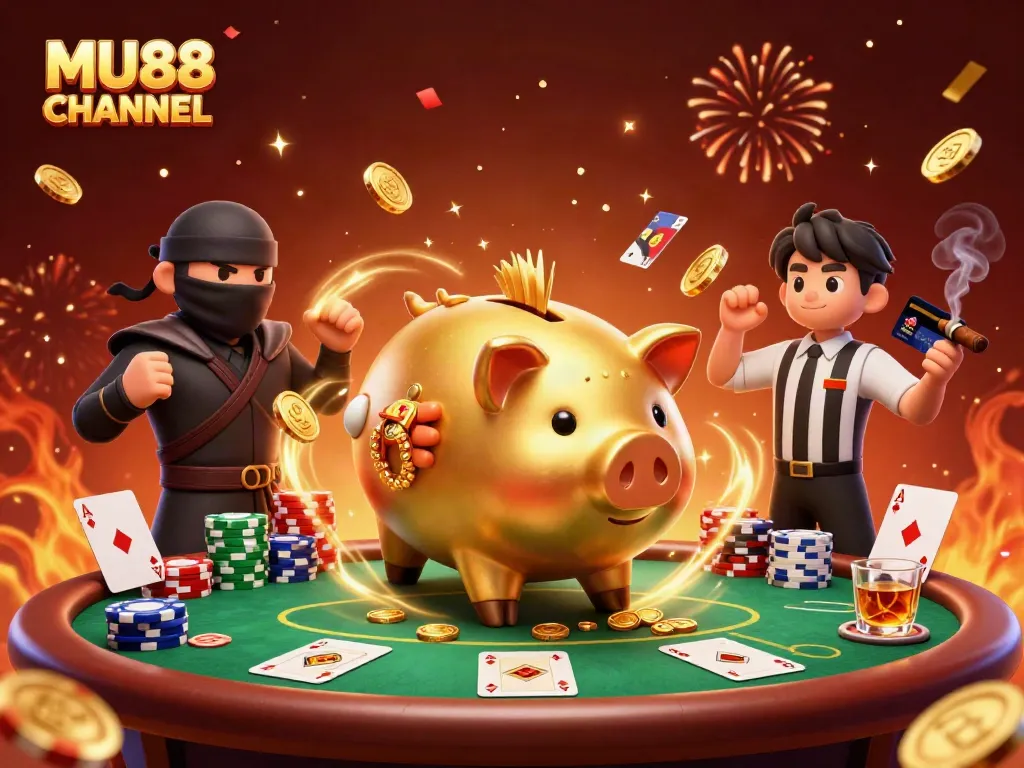Engage in exciting gameplay at MU88 CHANNEL with a fierce piggy bank sumo wrestler battling in a vibrant casino setting.