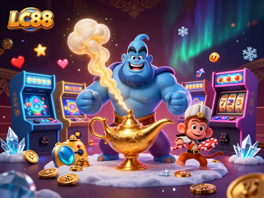 Spin reels and chase jackpots with LC88 in a vibrant 3D casino adventure illustration.