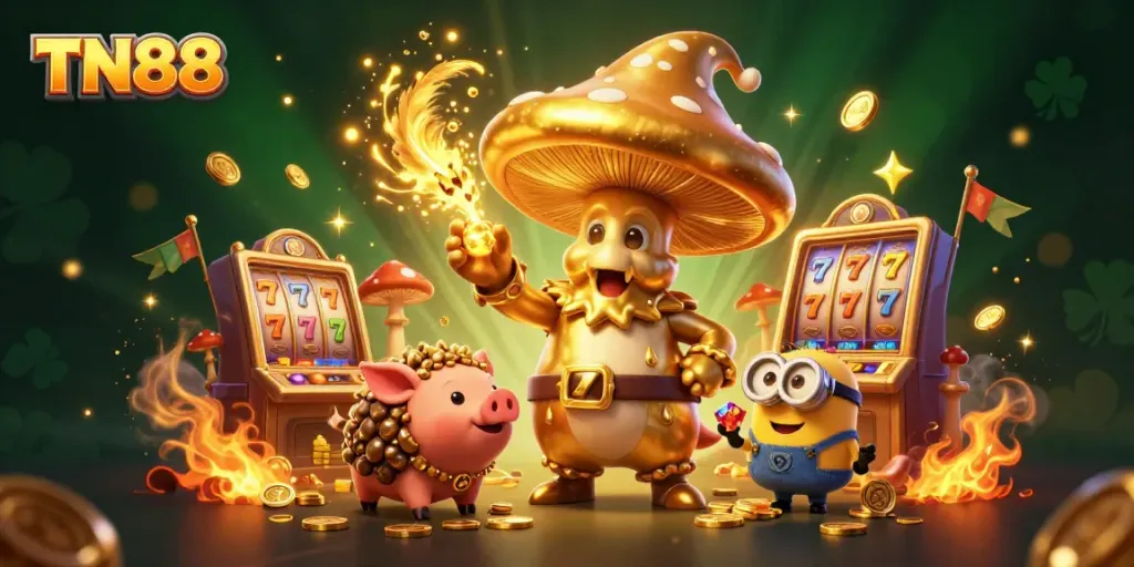 Experience TN88's magic with a golden wizard, treasure pig, and slot machine in an animated casino scene.