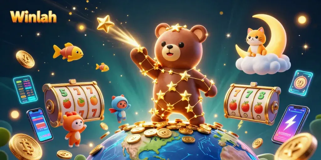 Winlah slot gaming promotion featuring constellation bear and vibrant casino elements.