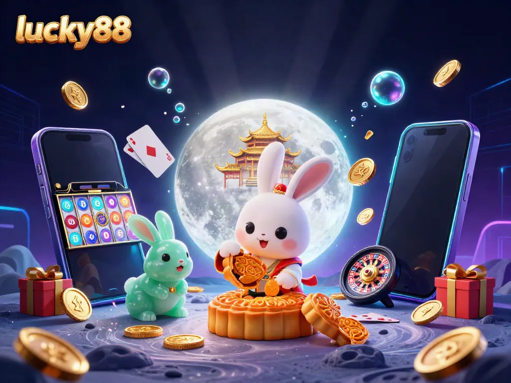 Engage with lucky88 by watching a playful moon rabbit reveal poker chips in a vibrant casino setting.