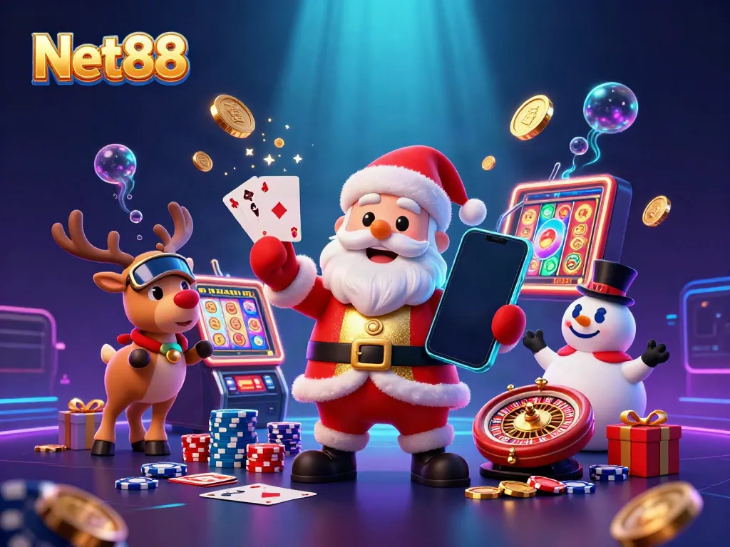 Experience the excitement of Net88 with Santa and friends in a vibrant casino setting, showcasing jackpot slots.