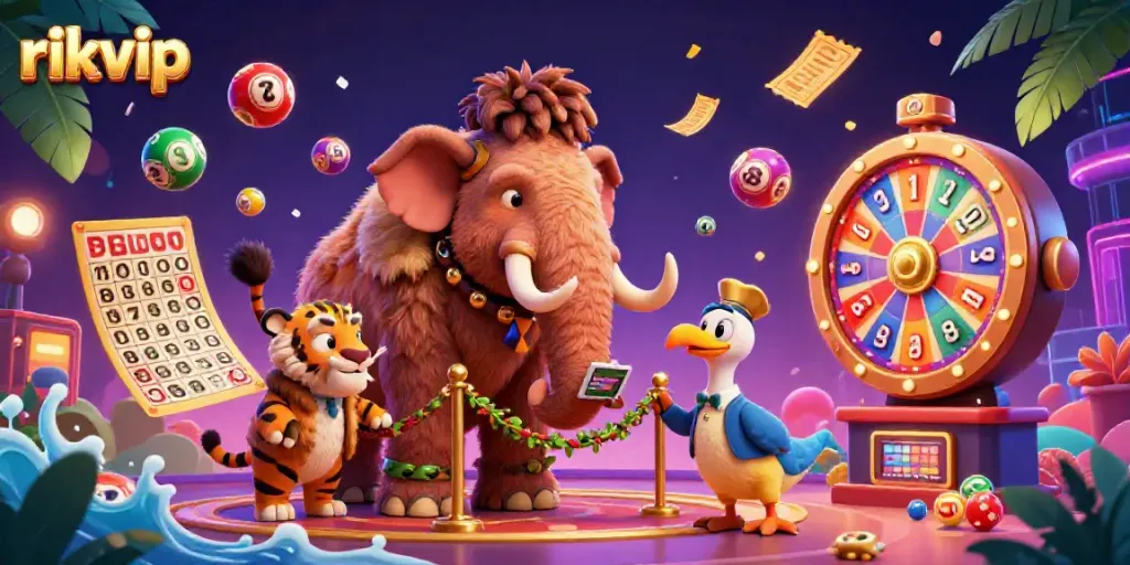 Engage with rikvip's vibrant casino atmosphere featuring a woolly mammoth and other animated characters.
