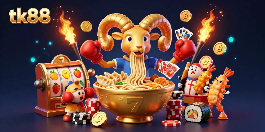 Engage in thrilling slots action with tk88 as a giant ramen bowl deals cards amid crypto coins and playful characters.