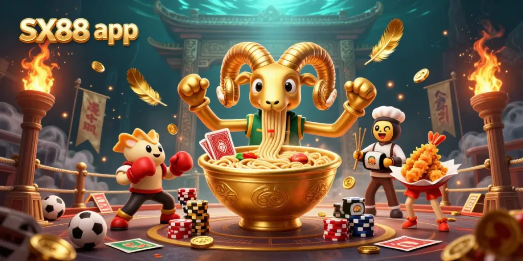 Engage with the SX88 app through a vibrant and dynamic 3D illustration showcasing cartoon characters in a lively casino betting environment.