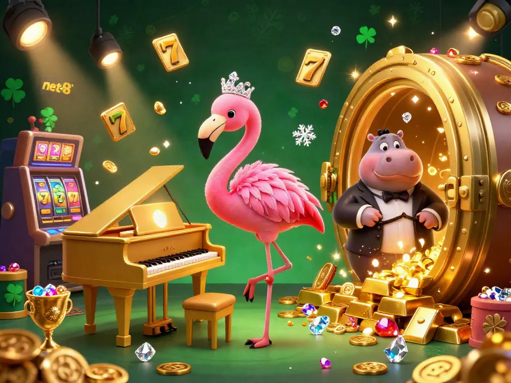 Engage with net88 in a vibrant casino setting featuring a flamingo singer and hippo bassist amidst dynamic slot machines.