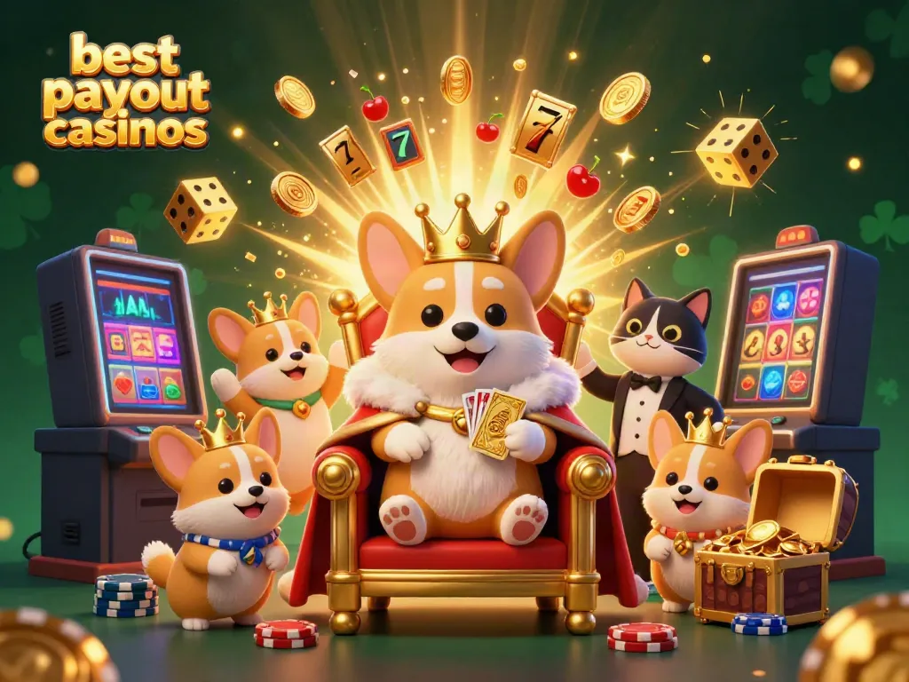 Experience the excitement of the best payout casinos illustrated with a royal corgi throne and dynamic slot machines.