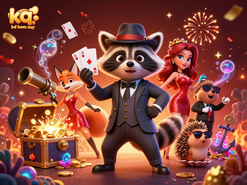 Bet on kq bd hom nay with live updates featuring a suave raccoon and celebrity companions.