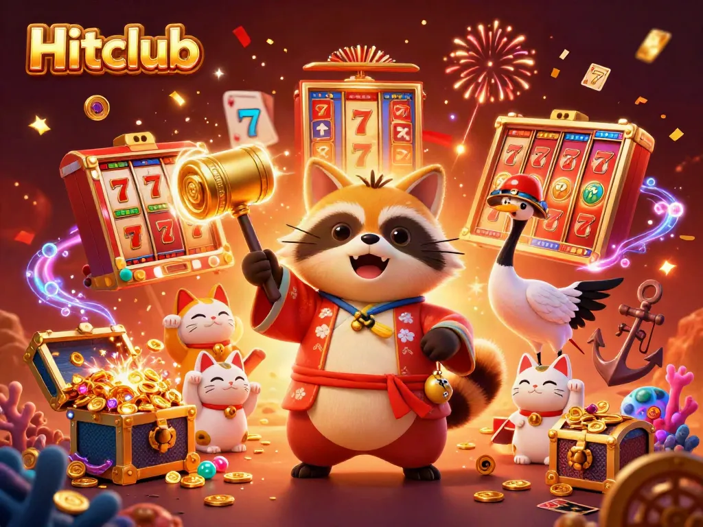 Experience Hitclub's thrilling slots with a cheerful tanuki and lucky samurai at a vibrant casino.