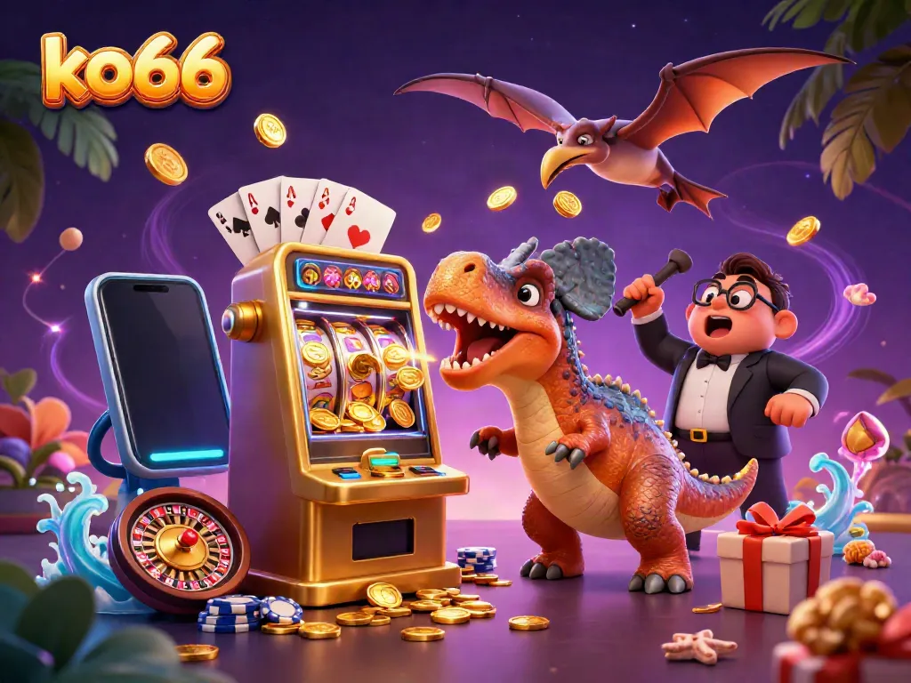 Experience the excitement of KO66 with a pachycephalosaurus winning a jackpot amid flying coins and vibrant casino elements.