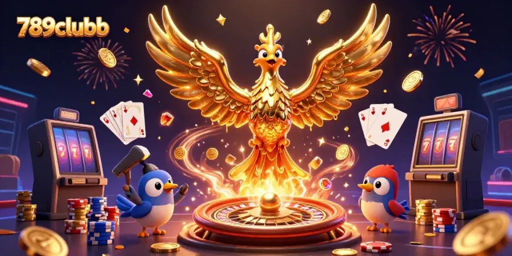 Experience thrilling gaming at 789clubb with vibrant 3D illustrations featuring a phoenix and casino elements.