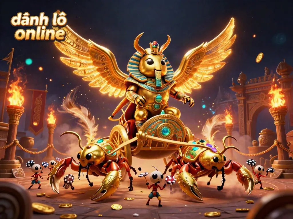 Experience the thrill of đánh lô đề online with a dynamic 3D illustration showcasing a majestic beetle and scorpions in a vibrant casino setting.