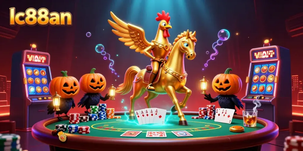 Engage with lc88an in a vibrant casino scene featuring a golden rooster and poker elements.