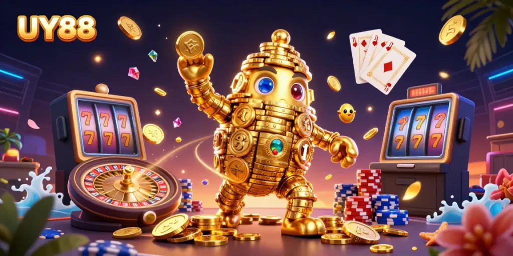 Experience the thrill of UY88 with dynamic casino elements and a golden golem in a vibrant setting.