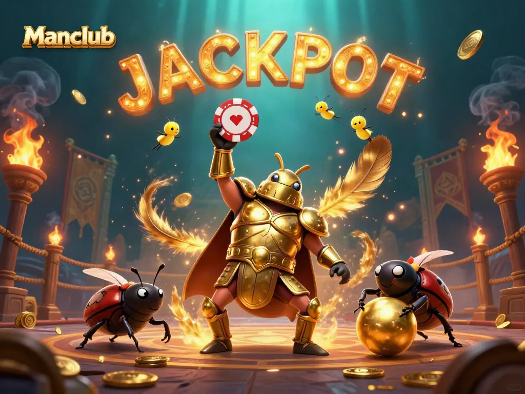 Experience thrilling gaming at Manclub with vibrant 3D illustration of lucky characters and casino elements.