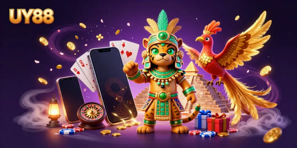 Experience thrilling slots with UY88 in a vibrant 3D Mayan casino scene.