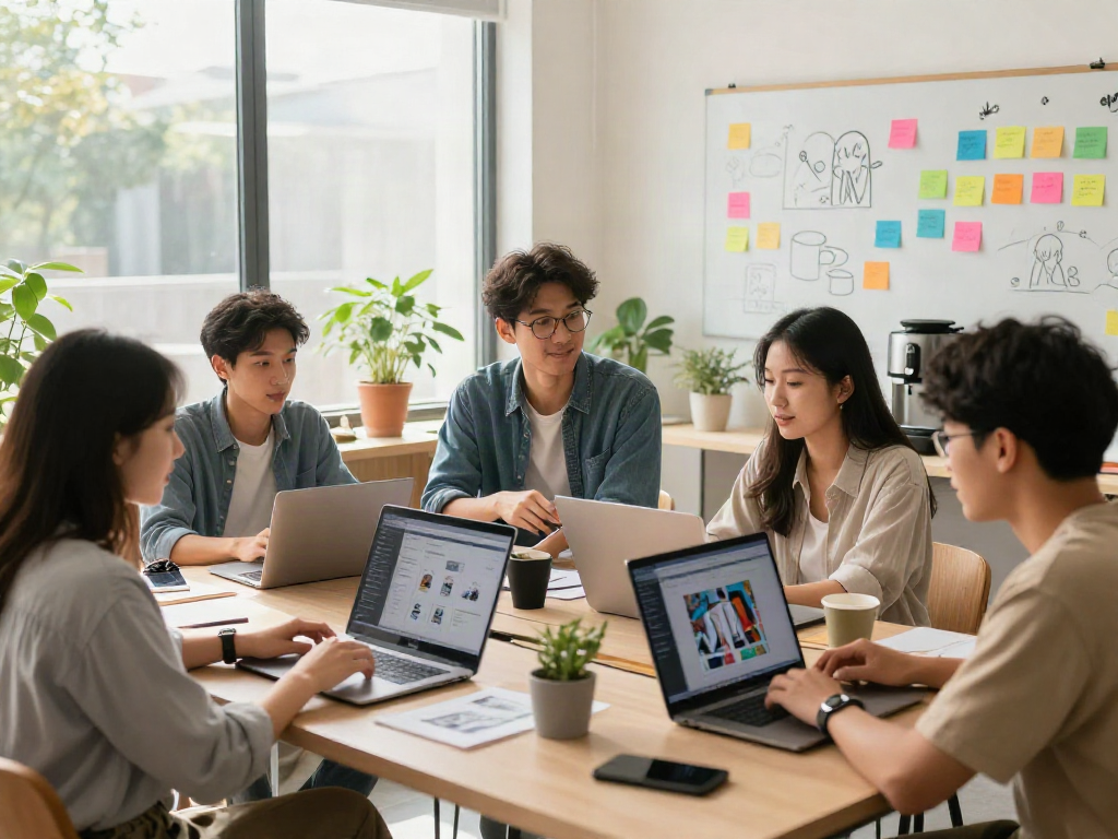 Young professionals collaborating in a vibrant coworking space surrounded by AI tools, embodying the spirit of ai 18+ innovation.