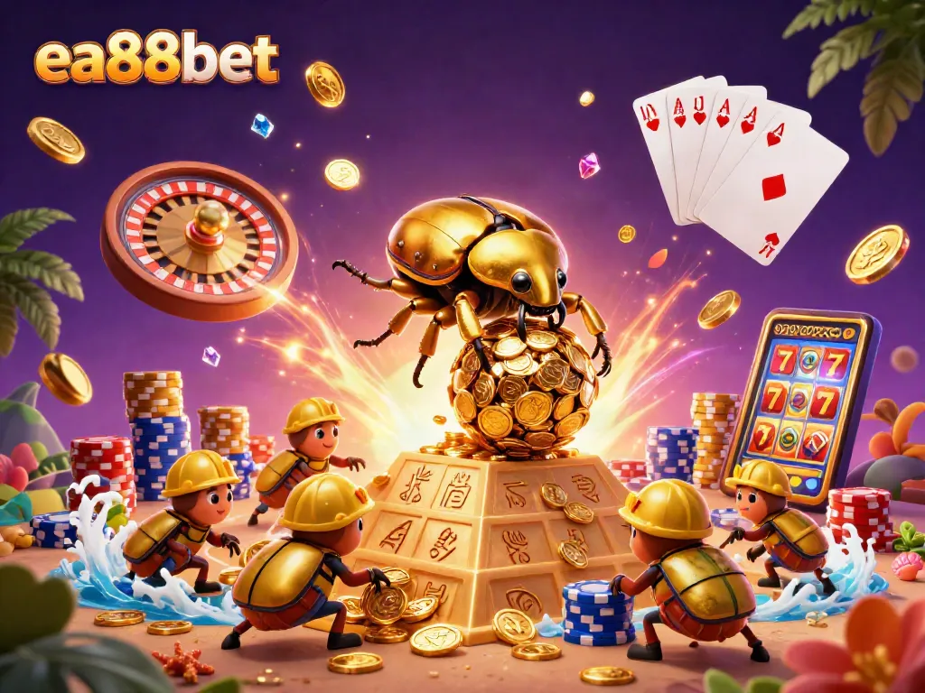 Join the excitement of ea88bet with a dazzling scene of golden coins and vibrant casino elements.