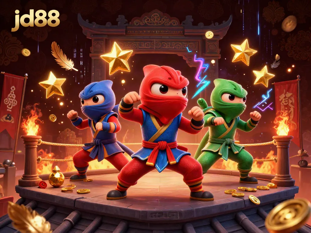 Engaging JD88 scene with ninja chameleons showcasing skills amid dynamic casino elements and gaming symbols.
