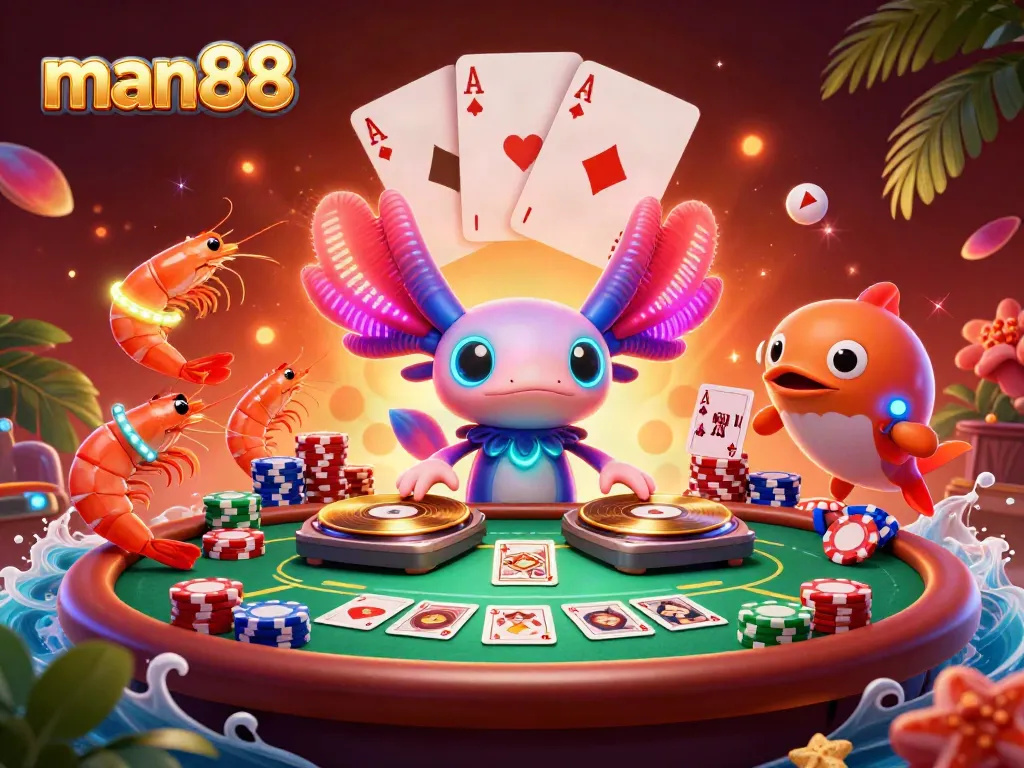 Experience the excitement of man88 with a vibrant 3D scene featuring a neon axolotl DJ and poker elements.