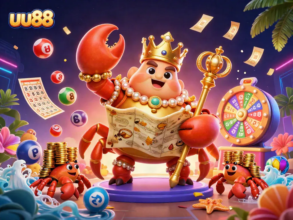 uu88 offers thrilling casino experiences with a cartoon crab emperor and vibrant lottery elements in a dynamic 3D scene.