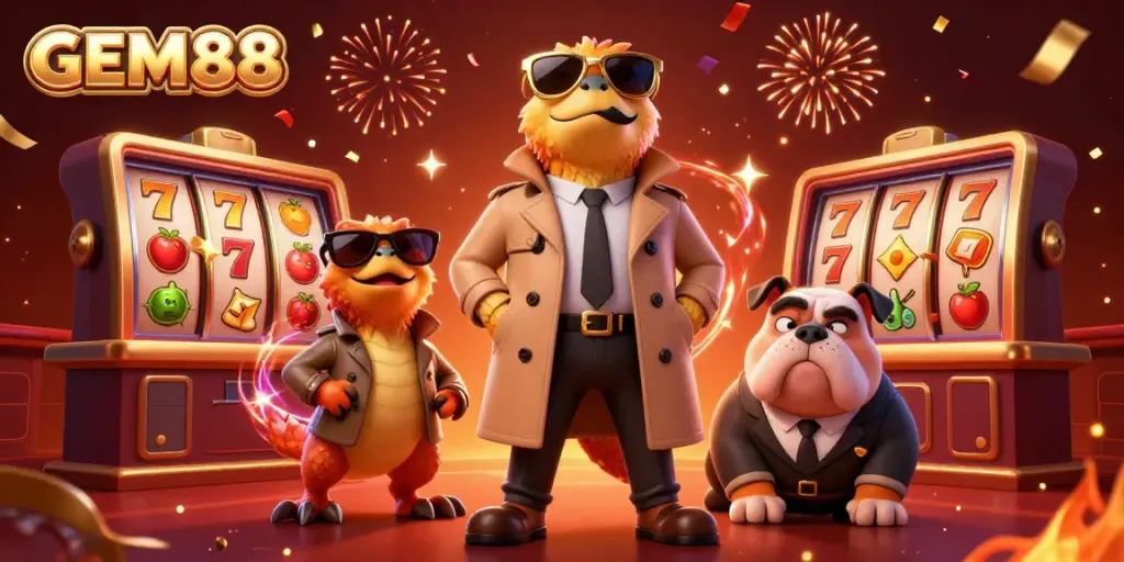 Three raptors humorously disguised attempting to enter a GEM88 casino while a bulldog bouncer watches.