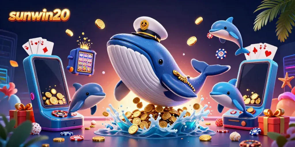 Experience sunwin20 with a vibrant 3D casino scene featuring a whale and dolphins among gold coins.
